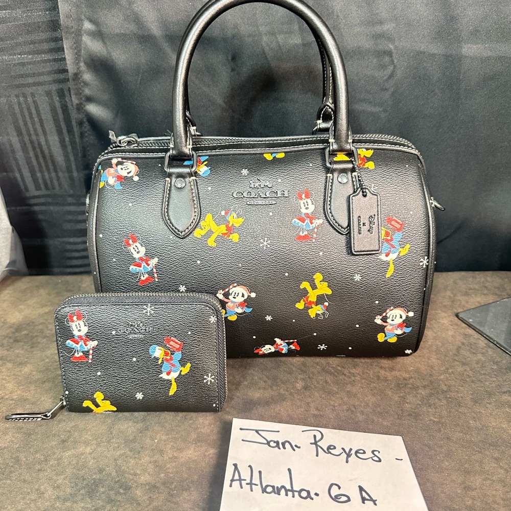 COACH Disney X Coach Rowan Satchel With Holiday Print Black and wallet 🥳 - Picture 4 of 15